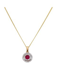 New 9ct Yellow Gold Ruby & Diamond Halo Pendant & 18" Necklace