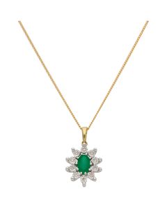 New 9ct Gold Emerald & Diamond Cluster Pendant & 18" Necklace
