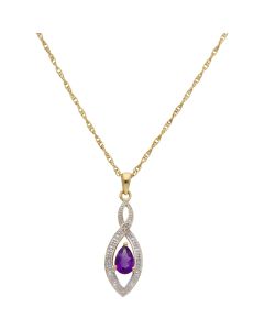New 9ct Yellow Gold Amethyst & Diamond Pendant & 18" Necklace