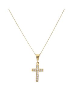 New 9ct Yellow Gold Genstone Set Cross & 18" Chain Necklace