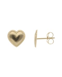 New 9ct Yellow Beaded Edge Heart Shaped Stud Earrings