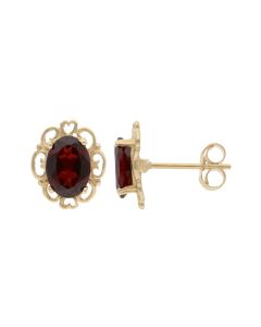 New 9ct Gold Filigree Edge Oval Garnet Stud Earrings