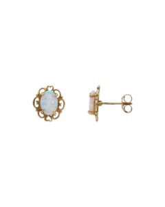 New 9ct Yellow Gold Cultured Opal Scroll Edge Oval Stud Earrings