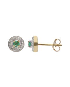 New 9ct Yellow Gold Emerald & Diamond Round Stud Earrings