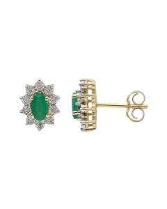 New 9ct Yellow Gold Emerald & Diamond Oval Cluster Stud Earrings