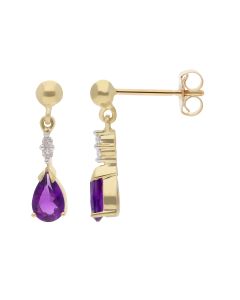 New 9ct Yellow Gold Amethyst & Diamond Drop Earrings