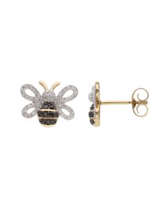 New 9ct Yellow Gold Black & White Diamond Bee Stud Earrings