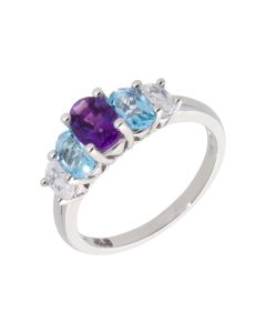 New 9ct White Gold Amethyst Blue Topaz & Cubic Zirconia Ring