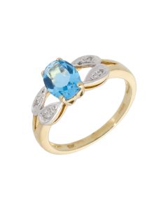 New 9ct Yellow Gold Blue Topaz & Diamond Dress Ring