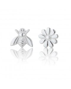 New Sterling Silver Bee & Flower Miss-Matched Stud Earrings
