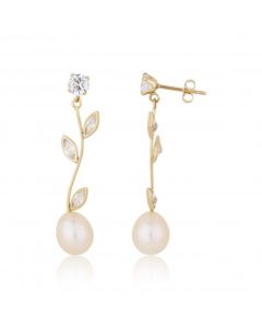 New 9ct Yellow Gold Pearl & Cubic Zirconia Flower Drop Earrings