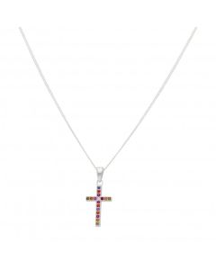 New Sterling Silver Rainbow Cubic Zirconia Cross Necklace