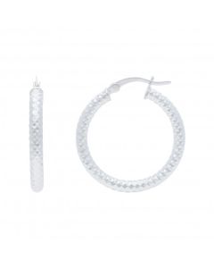 New Sterling Silver 25mm Diamond-Cut Pattern Hoop Earrings