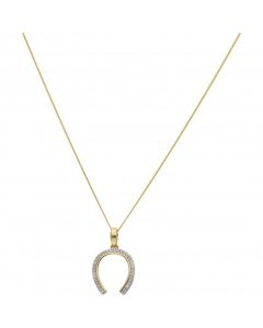New 9ct Yellow Gold Diamond Horseshoe Pendant & Chain Necklace
