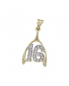 Pre-Owned 9ct Yellow Gold Cubic Zirconia Age 16 Wishbone Pendant