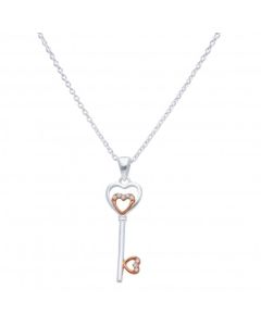 New Sterling Silver & Rose Cubic Zirconia Heart Key & 18" Chain