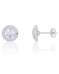 New Sterling Silver Cubic Zirconia Round Halo Stud Earrings