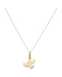 New 9ct Yellow Gold 3 Hearts Pendant & 18" Chain Necklace