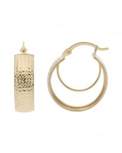 New 9ct Gold Diamond-Cut Pattern Wide Band Creole Hoop Earrings
