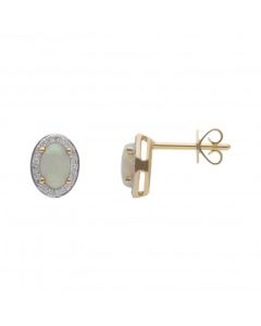 New 9ct Yellow Gold Oval Opal & Diamond Cluster Stud Earrings
