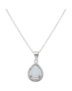 New Sterling Silver Synthetic Opal & CZ Pendant & 18" Necklace