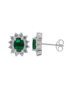 New Sterling Silver Green & White Cubic Zirconia Stud Earrings