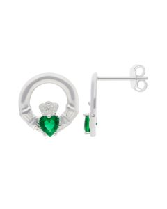 New Sterling Silver Green Gem Stone Claddagh Stud Earrings
