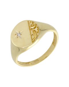Pre-Owned 9ct Yellow Gold Diamond Set Part Patterned Signet Ring