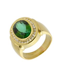 Pre-Owned 14ct Gold Green Tourmaline & Diamond Halo Dress Ring