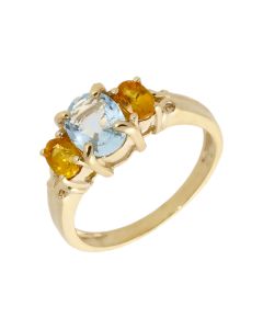 Pre-Owned 9ct Gold Orange & Blue Topaz Trilogy Dress Ring