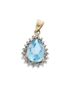 Pre-Owned 9ct Gold Blue Topaz & Diamond Teardrop Cluster Pendant