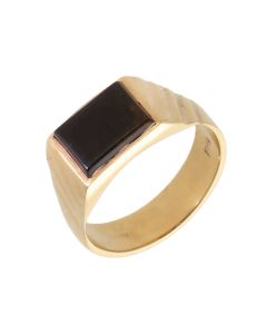 Pre-Owned 9ct Yellow Gold Patterned Shoulder Onyx Signet Ring