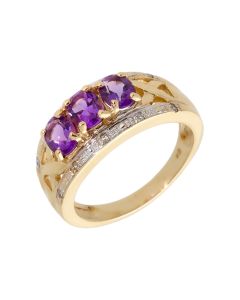 Pre-Owned 9ct Yellow Gold Amethyst & Diamond Dress Ring