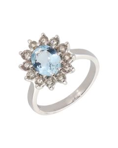 New 9ct White Gold Aquamarine & Diamond Oval Cluster Ring