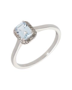 New 9ct White Gold Aquamarine & Diamond Rectangle Cluster Ring
