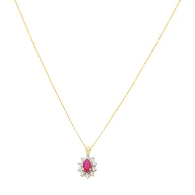 New 9ct Yellow Gold Ruby & Diamond Cluster Pendant & Necklace