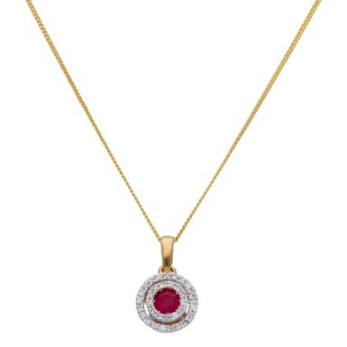 New 9ct Yellow Gold Ruby & Diamond Halo Pendant & 18" Necklace