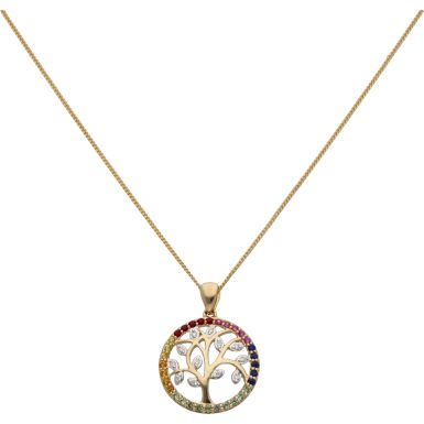 New 9ct Yellow Gold Rainbow Gemstone Tree of Life & 18" Necklace