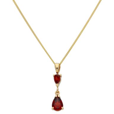 New 9ct Yellow Gold Garnet Drop Pendant & 18" Chain Necklace