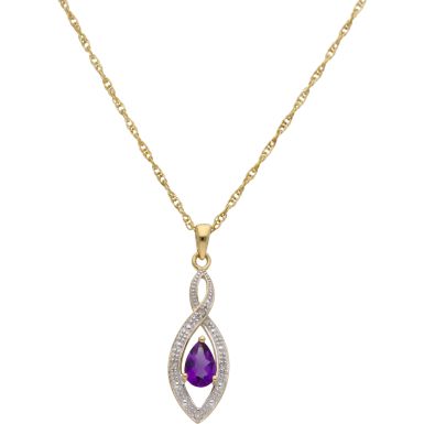 New 9ct Yellow Gold Amethyst & Diamond Pendant & 18" Necklace