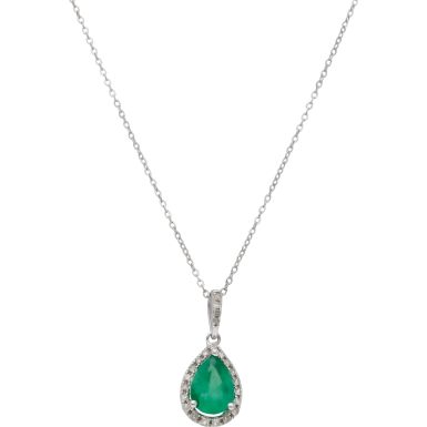 New 9ct White Gold Emerald & Diamond Pendant & 16" Necklace