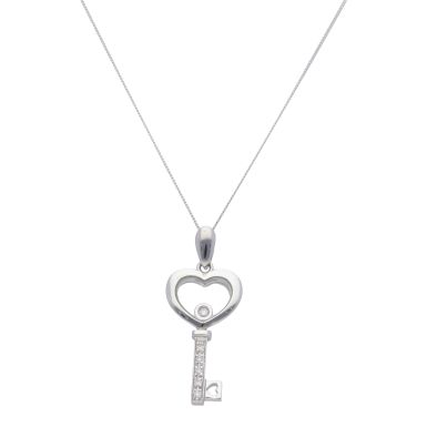 New 9ct White Gold Floating Diamond Heart Key Pendant & Necklace