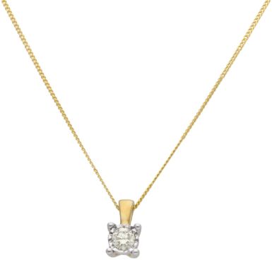 New 9ct Yellow Gold 0.17ct Diamond Illusion Pendant & 18" Chain