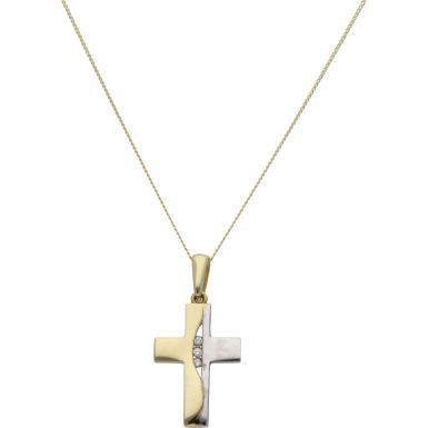 New 9ct 2 Colour Gold Cubic Zirconia Cross Pendant & 18" Chain