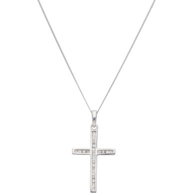 New 9ct White Gold Diamond Cross Pendant & 18" Chain Necklace