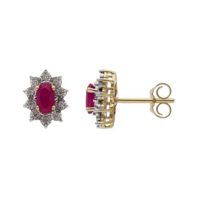 New 9ct Yellow Gold Ruby & Diamond Cluster Stud Earrings