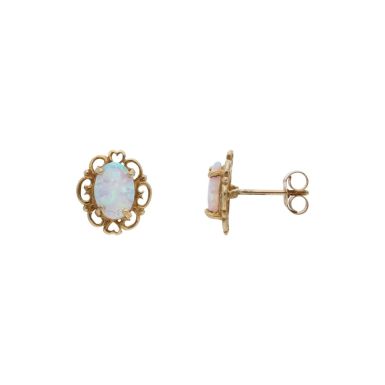 New 9ct Yellow Gold Cultured Opal Scroll Edge Oval Stud Earrings