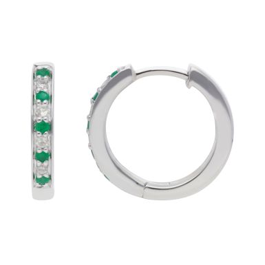 New 9ct White Gold Emerald & Diamond Huggie Hoop Earrings