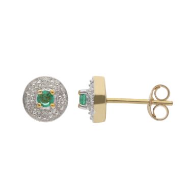 New 9ct Yellow Gold Emerald & Diamond Round Stud Earrings