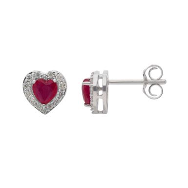 New 9ct White Gold Ruby & Diamond Heart Stud Earrings